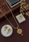 Elegance 1 gm Gold Plated Pendant With Matching Earrings & Ring Set