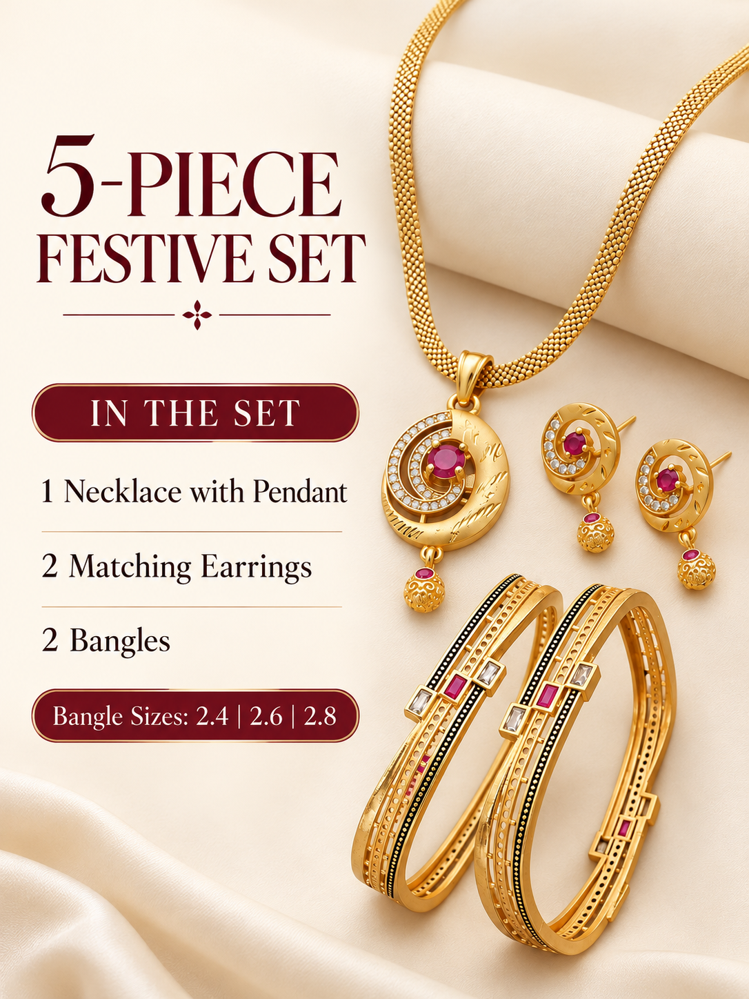 Gold Plated Pink Stone Necklace, Earrings & Bangle Set for Women | 5 Pieces