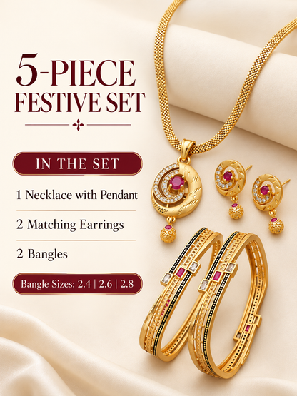 Gold Plated Pink Stone Necklace, Earrings & Bangle Set for Women | 5 Pieces
