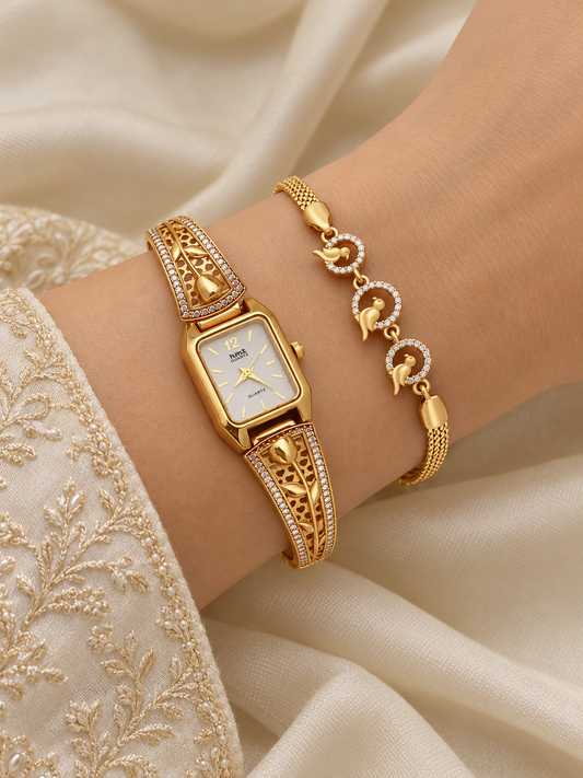 Gold-Tone Watch and Floral Charm Bracelet Combo for Womens