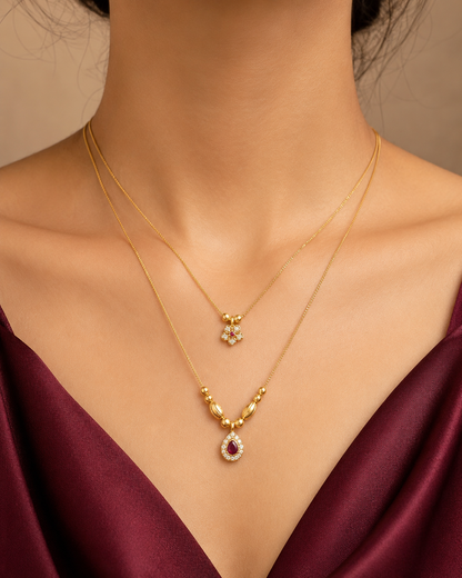 Two Layer Diamond Floral Gold Chain for Women | Micro Gold Plated AD Diamond Ruby Necklace