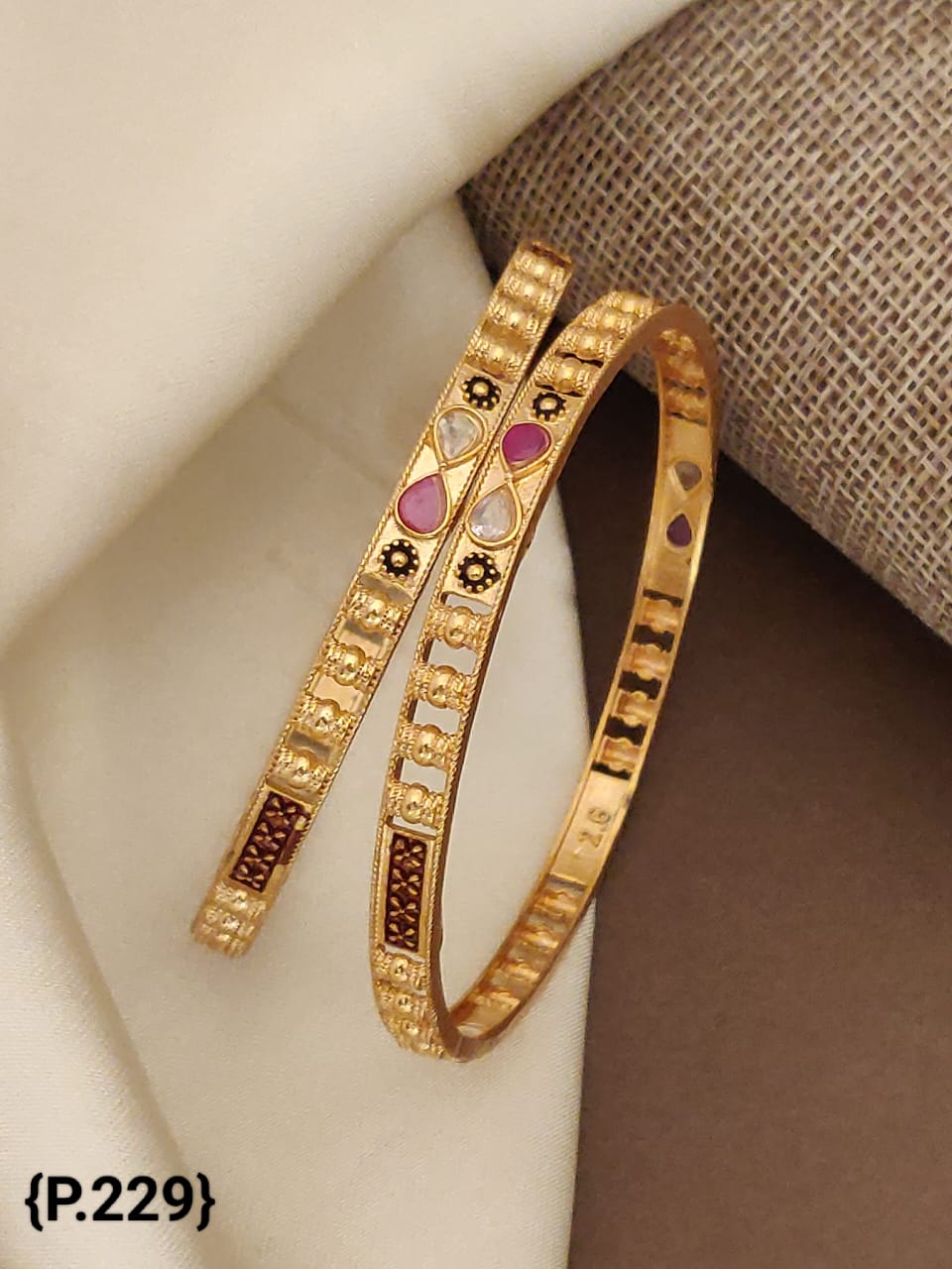 Elegant Gold-Plated Bangles with Ruby & Kundan Stonework – Traditional Indian Jewelry for Women