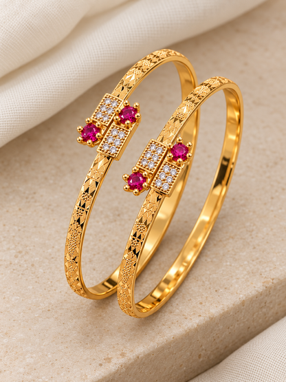 Free Size Gold Plated Cutwork Bangles with Pink and White Stones – Set of 2