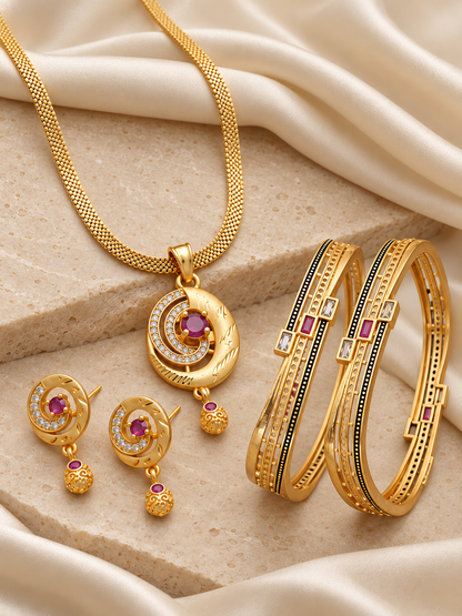 Gold Plated Pink Stone Necklace, Earrings & Bangle Set for Women | 5 Pieces