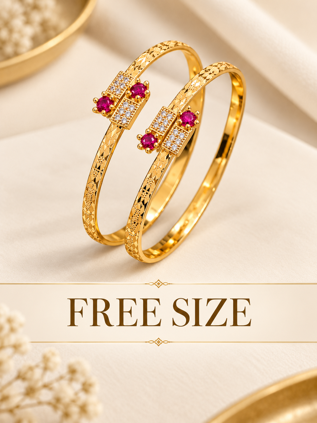 Free Size Gold Plated Cutwork Bangles with Pink and White Stones – Set of 2
