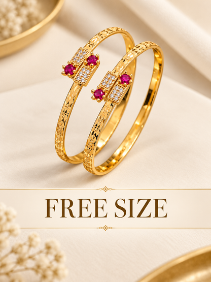 Free Size Gold Plated Cutwork Bangles with Pink and White Stones – Set of 2