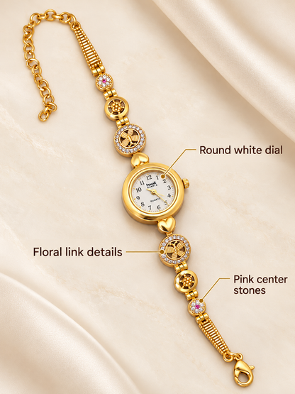 Gold-Plated Floral Link Watch Bracelet with Pink Stone Accents
