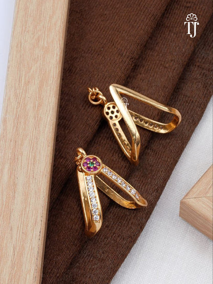 Gold Artificial Rings for Ladies | Fancy V-Shape Round Brass Ring with Multi-Color AD Diamonds (1 Pc)