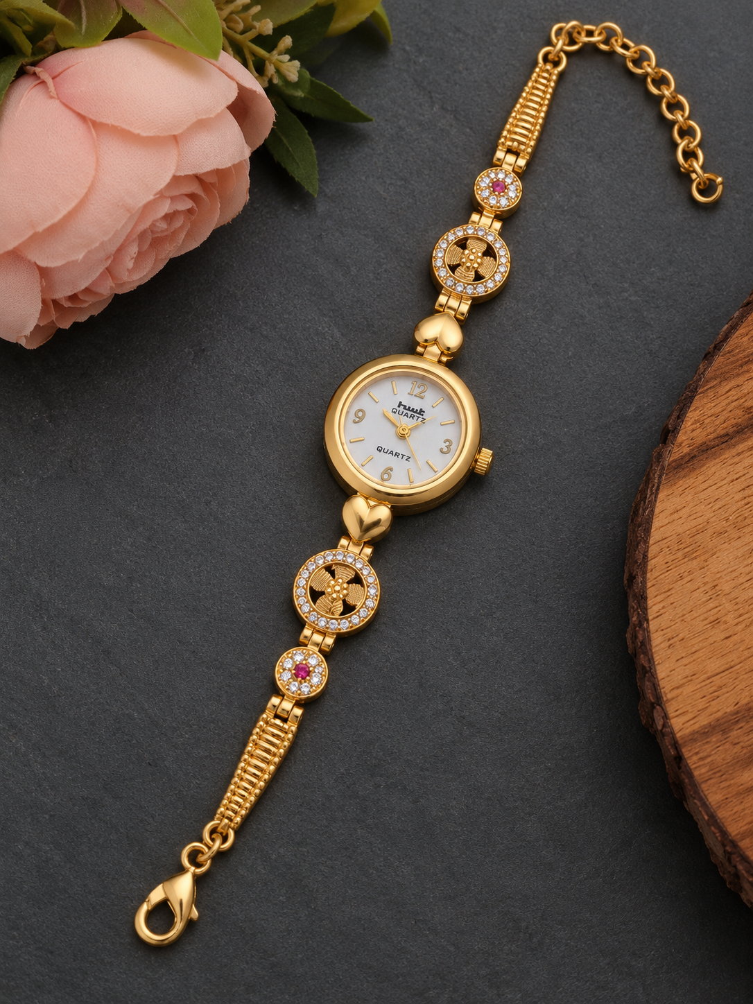 Gold-Plated Floral Link Watch Bracelet with Pink Stone Accents