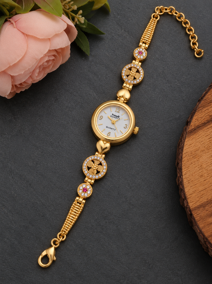 Gold-Plated Floral Link Watch Bracelet with Pink Stone Accents