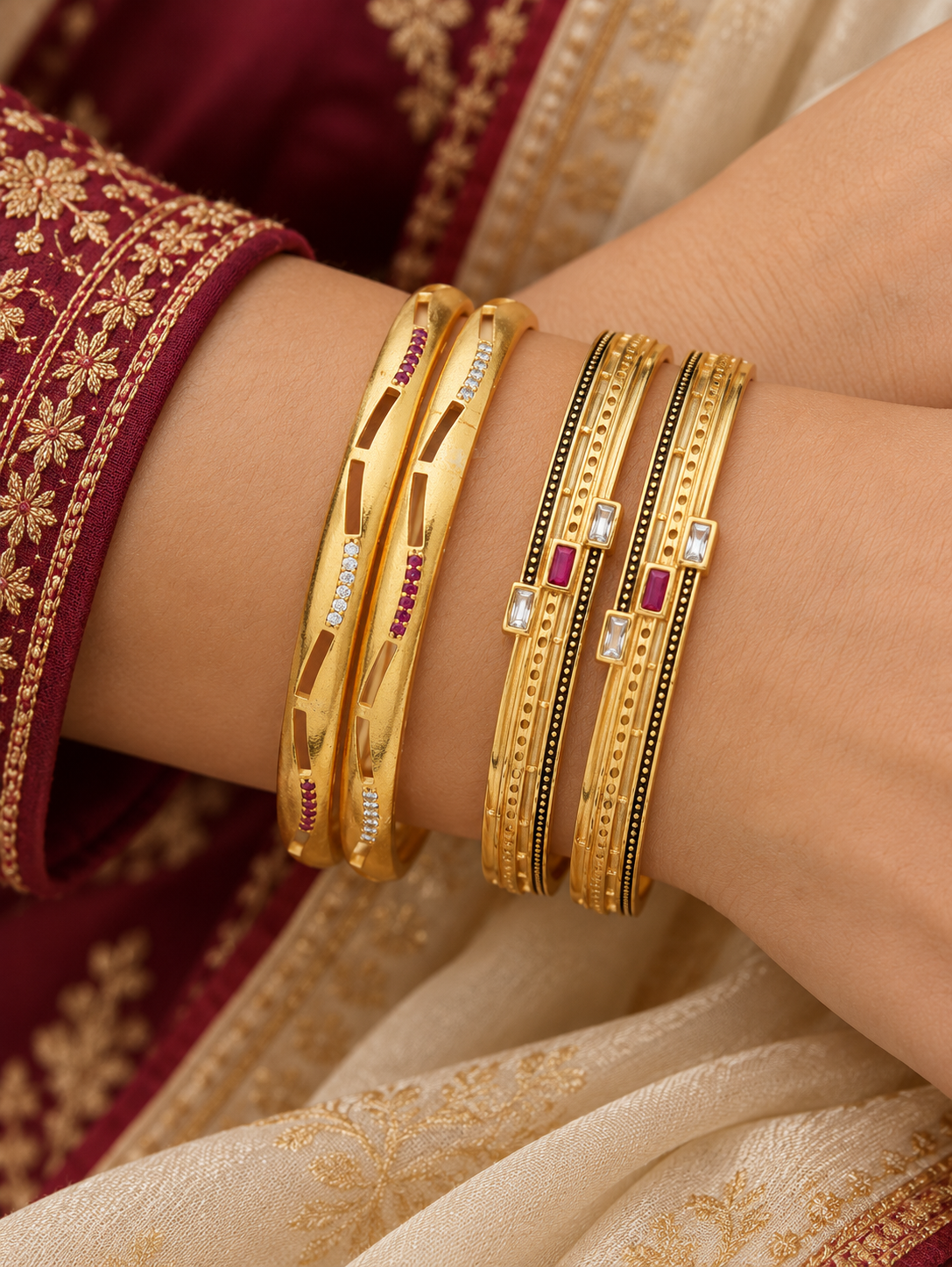 Micro Gold Plated Square Shape Bangles for Women | White AD & Ruby Stone Bangle Set