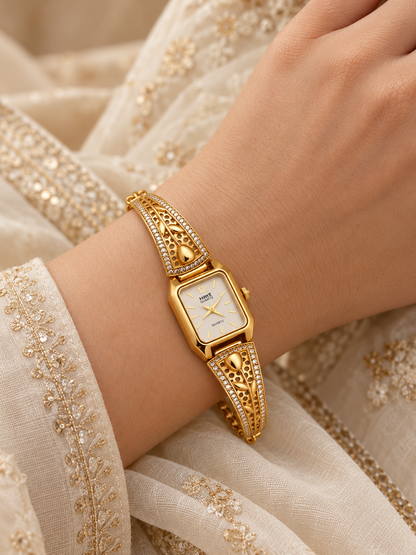 Rectangle Dial Gold Plated Bracelet Watch for Women with Tulip Design and AD Stones