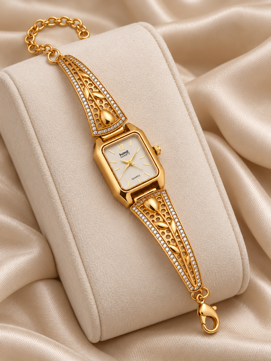 Rectangle Dial Gold Plated Bracelet Watch for Women with Tulip Design and AD Stones