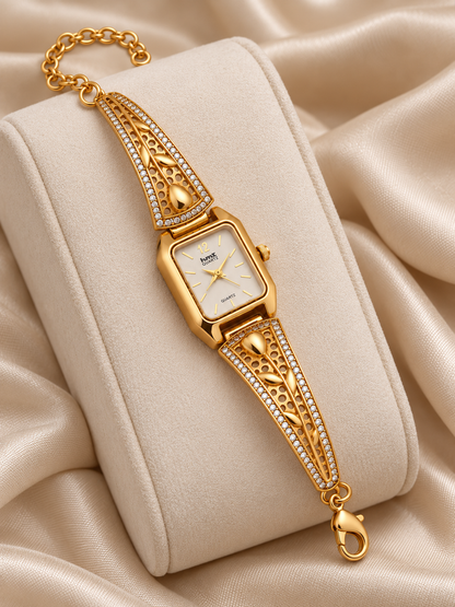 Rectangle Dial Gold Plated Bracelet Watch for Women with Tulip Design and AD Stones