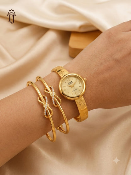 Gold-Tone Infinity Bracelet Watch Combo for Women |  1 Pair Bracelet + 1 Watch Set