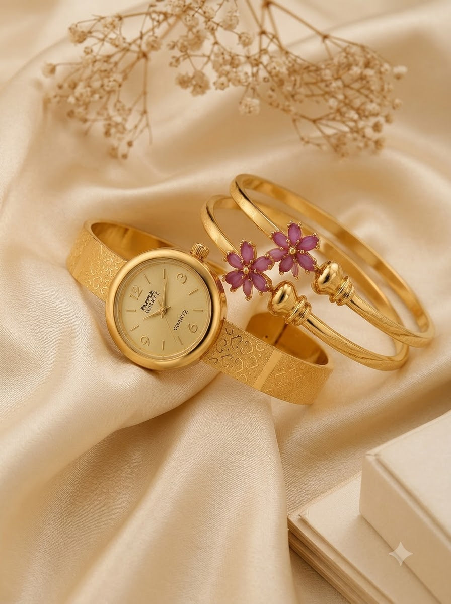 Gold-Tone Pink Floral Bracelet Watch Combo for Women | 1 Pair Bracelet + 1 Watch Set