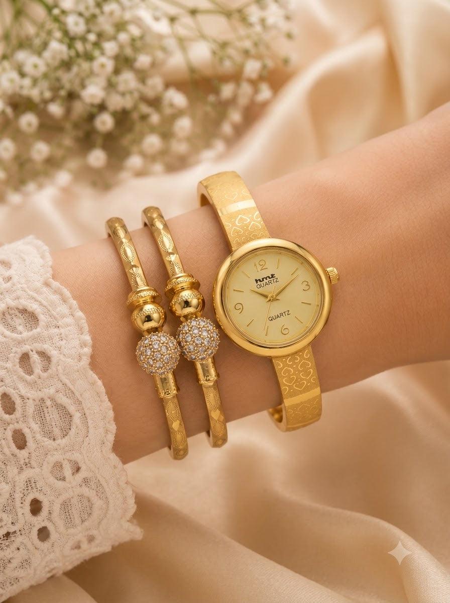 Gold-Tone Crystal Bangle Watch & Bracelet Combo | 1 Pair Bracelet + 1 Watch Set