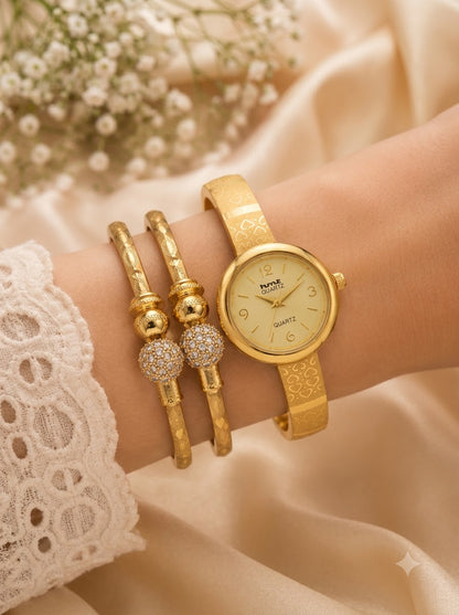 Gold-Tone Crystal Bangle Watch & Bracelet Combo | 1 Pair Bracelet + 1 Watch Set