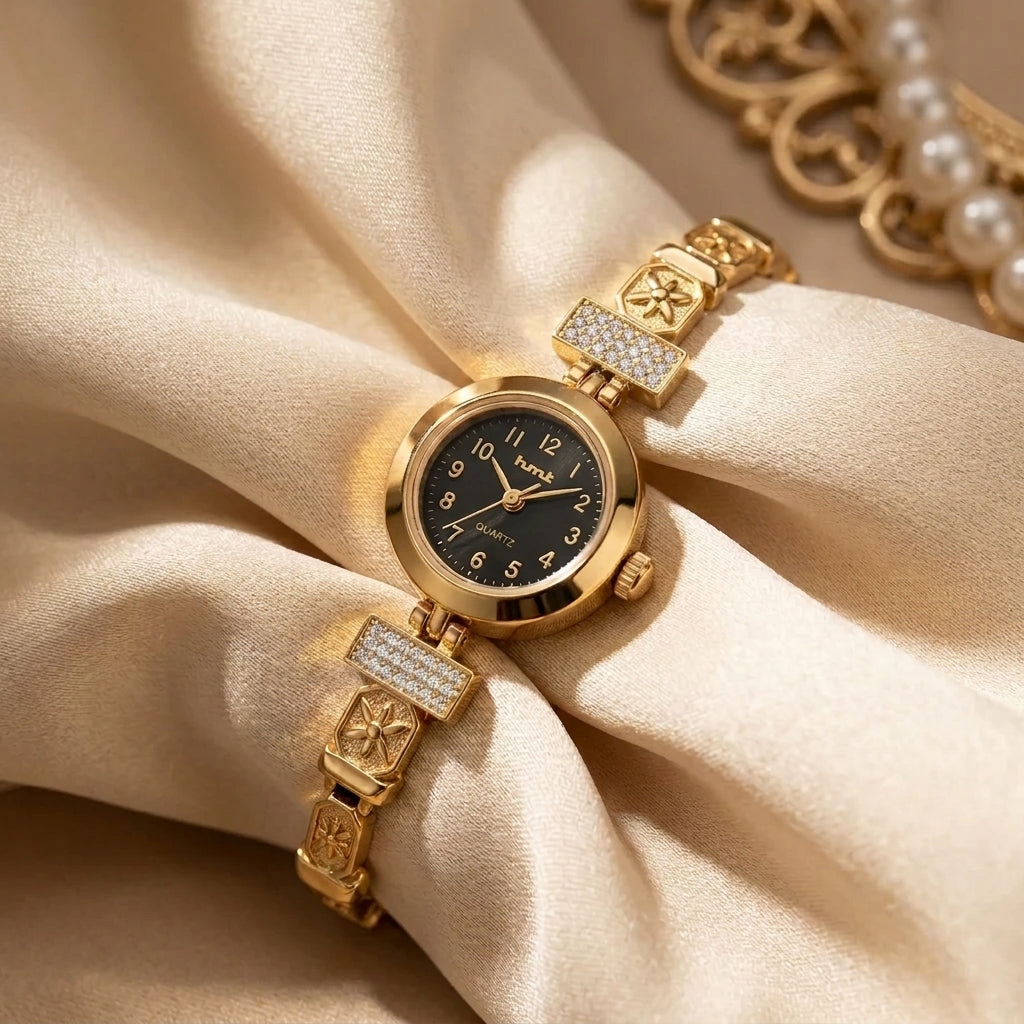 Royal Look Gold Plated Crystal Studded Bracelet Watch