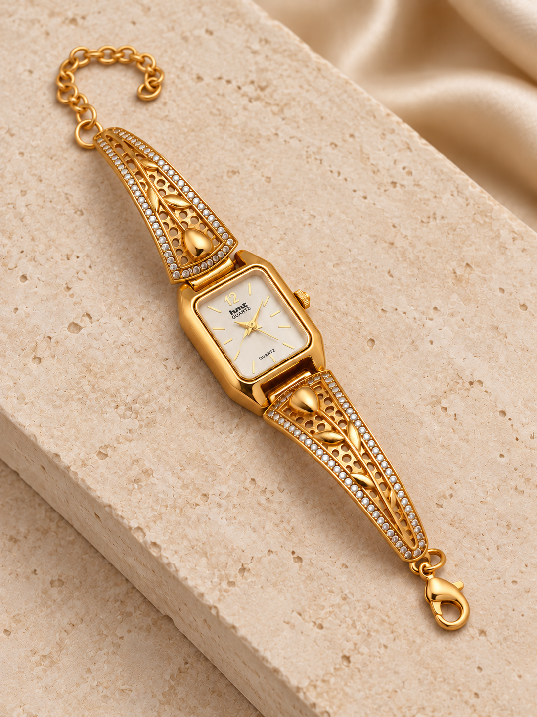 Rectangle Dial Gold Plated Bracelet Watch for Women with Tulip Design and AD Stones
