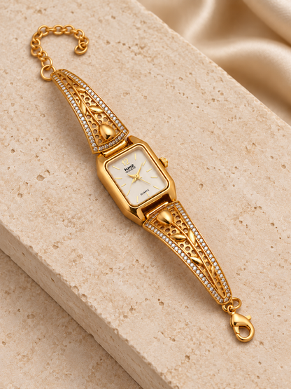 Rectangle Dial Gold Plated Bracelet Watch for Women with Tulip Design and AD Stones