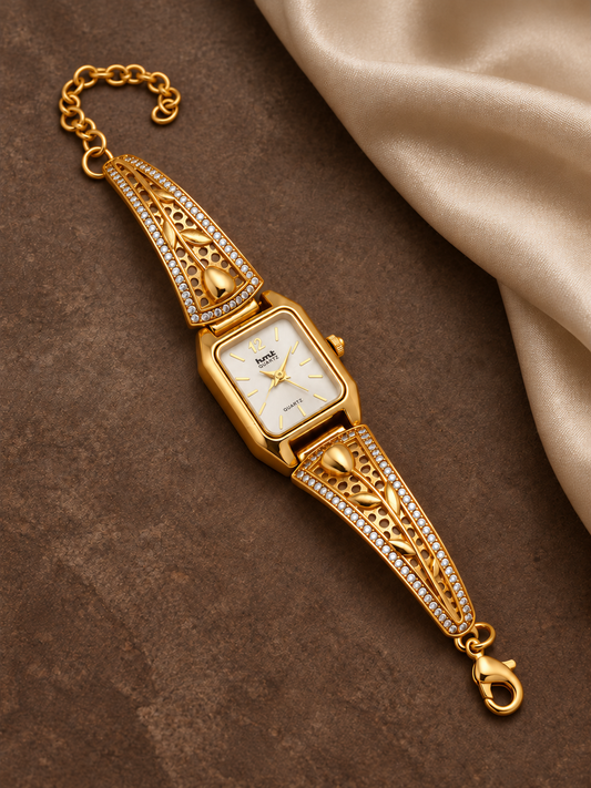 Rectangle Dial Gold Plated Bracelet Watch for Women with Tulip Design and AD Stones