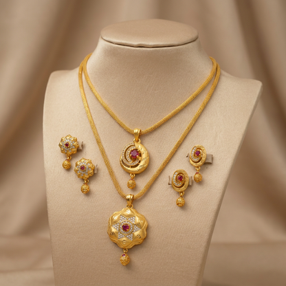 Elegant Designer Gold Tone Pendant Set with Red Ruby Center Stone & Matching Earrings | Ethnic Party Wear Jewelry Set