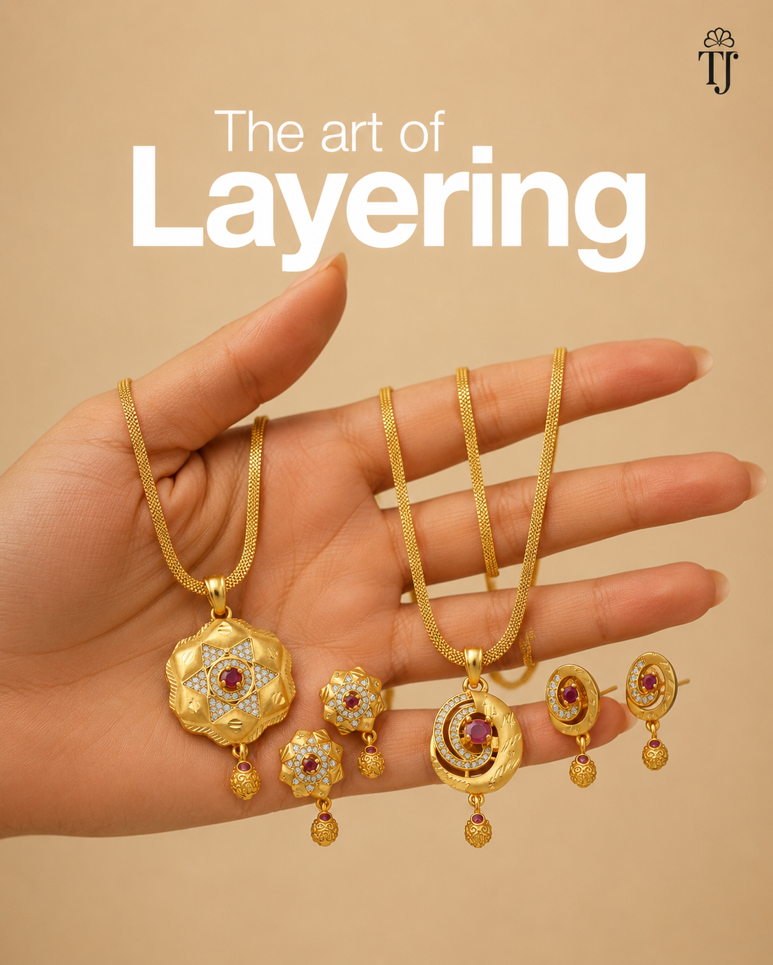 Elegant Designer Gold Tone Pendant Set with Red Ruby Center Stone & Matching Earrings | Ethnic Party Wear Jewelry Set