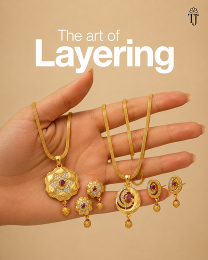 Elegant Designer Gold Tone Pendant Set with Red Ruby Center Stone & Matching Earrings | Ethnic Party Wear Jewelry Set