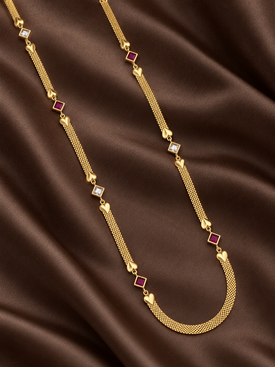Ruby & AD Square Stone Gold-Plated Long Chain for Women