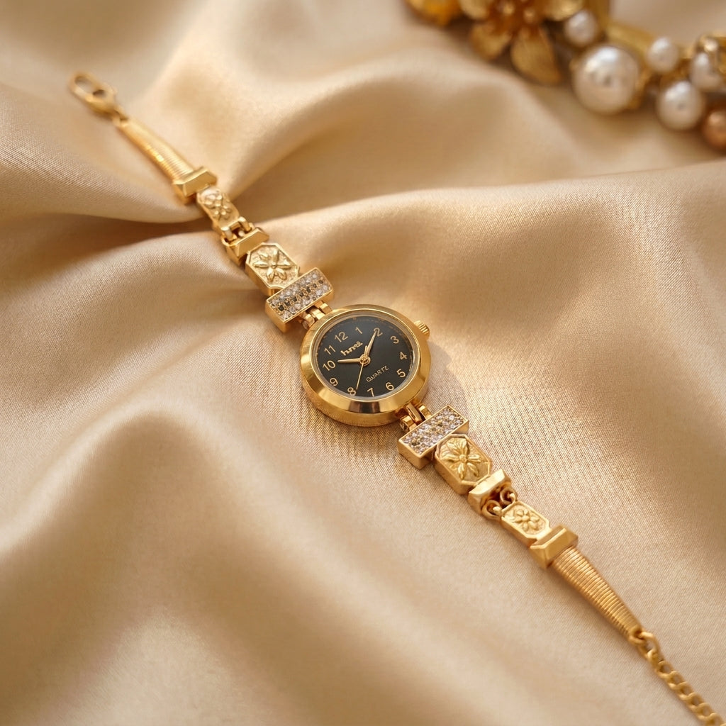 Royal Look Gold Plated Crystal Studded Bracelet Watch