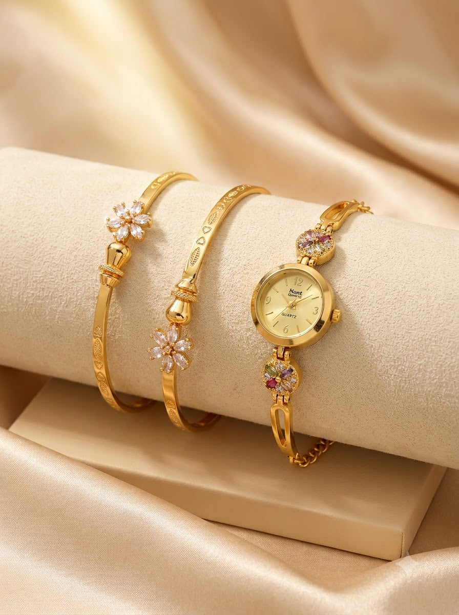 Gold Plated Bracelet Watch with Floral Bangles Combo Set