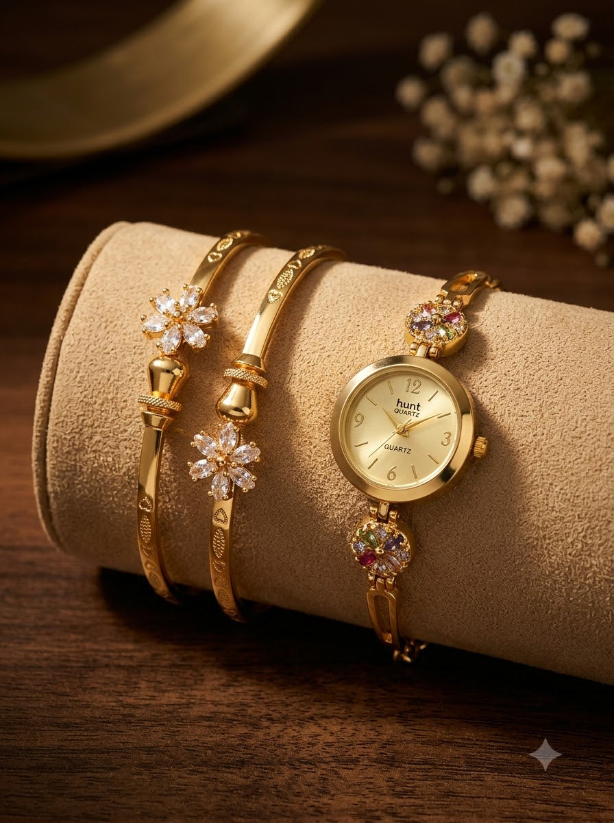 Gold Plated Bracelet Watch with Floral Bangles Combo Set