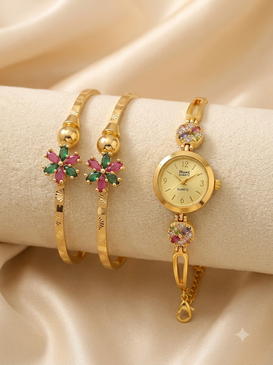 Elegant Floral Designer Bracelet Watch Combo Jewellery Set