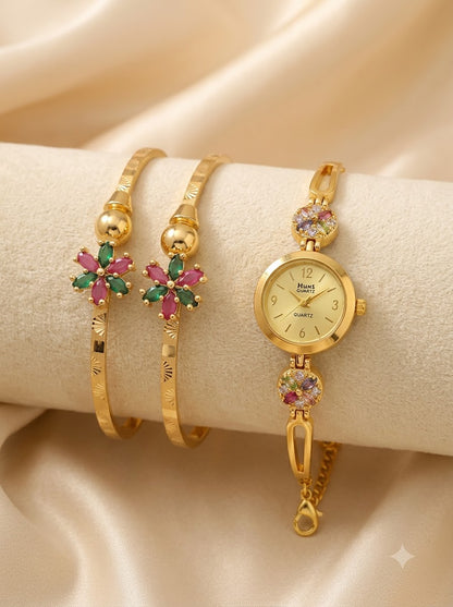 Elegant Floral Designer Bracelet Watch Combo Jewellery Set