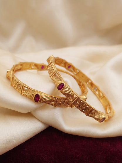 Beautiful Designer Bangles With Ruby Stones Pack Of 2 Pieces ( 1 Pair )