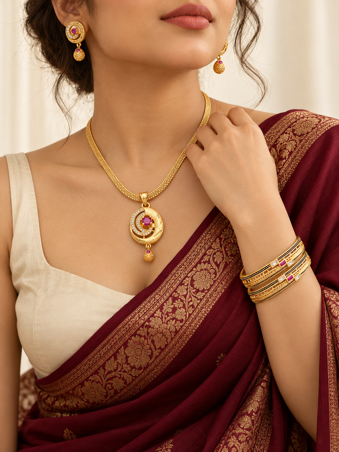 Gold Plated Pink Stone Necklace, Earrings & Bangle Set for Women | 5 Pieces