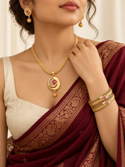 Gold Plated Pink Stone Necklace, Earrings & Bangle Set for Women | 5 Pieces