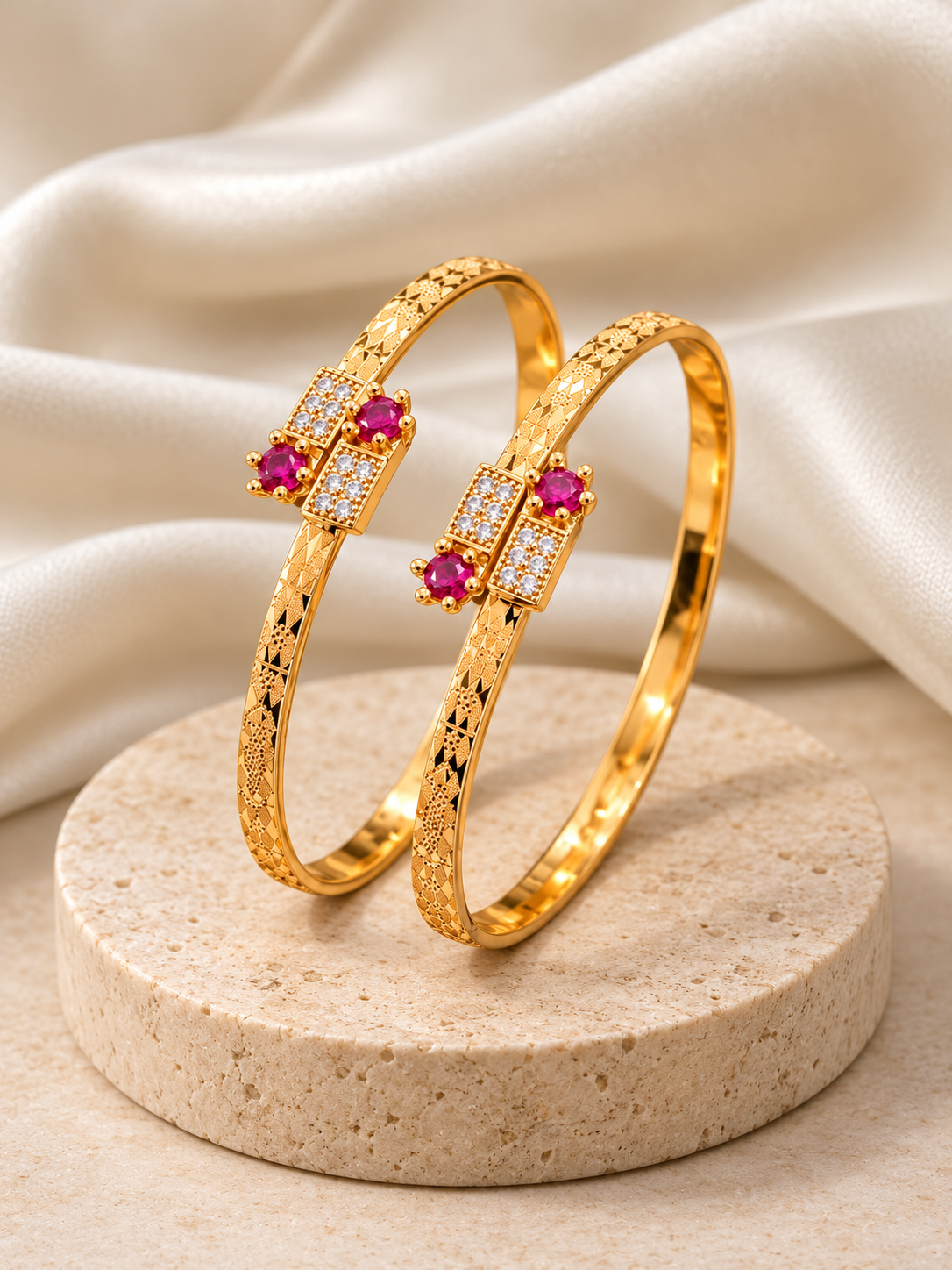 Free Size Gold Plated Cutwork Bangles with Pink and White Stones – Set of 2