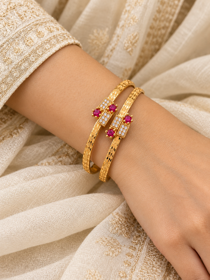 Free Size Gold Plated Cutwork Bangles with Pink and White Stones – Set of 2