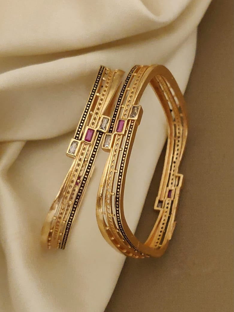 Micro Gold Plated Square Shape Bangles for Women | White AD & Ruby Stone Bangles Set