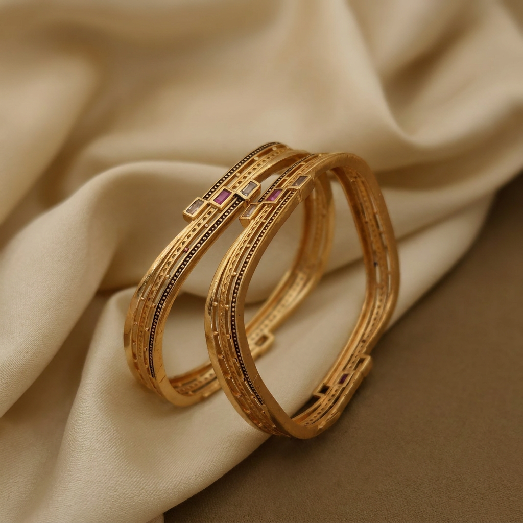 Micro Gold Plated Square Shape Bangles for Women | White AD & Ruby Stone Bangles Set