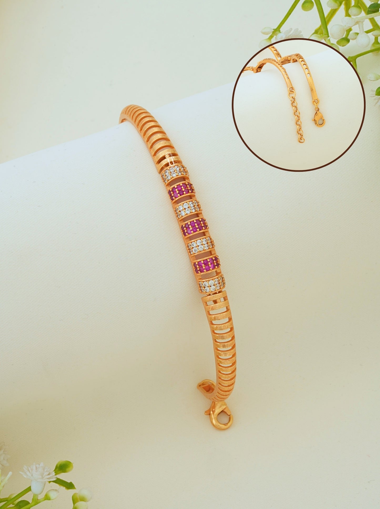 Micro Gold Plated Ruby Bangle Bracelet | Free Size AD Diamond Bracelet for Women