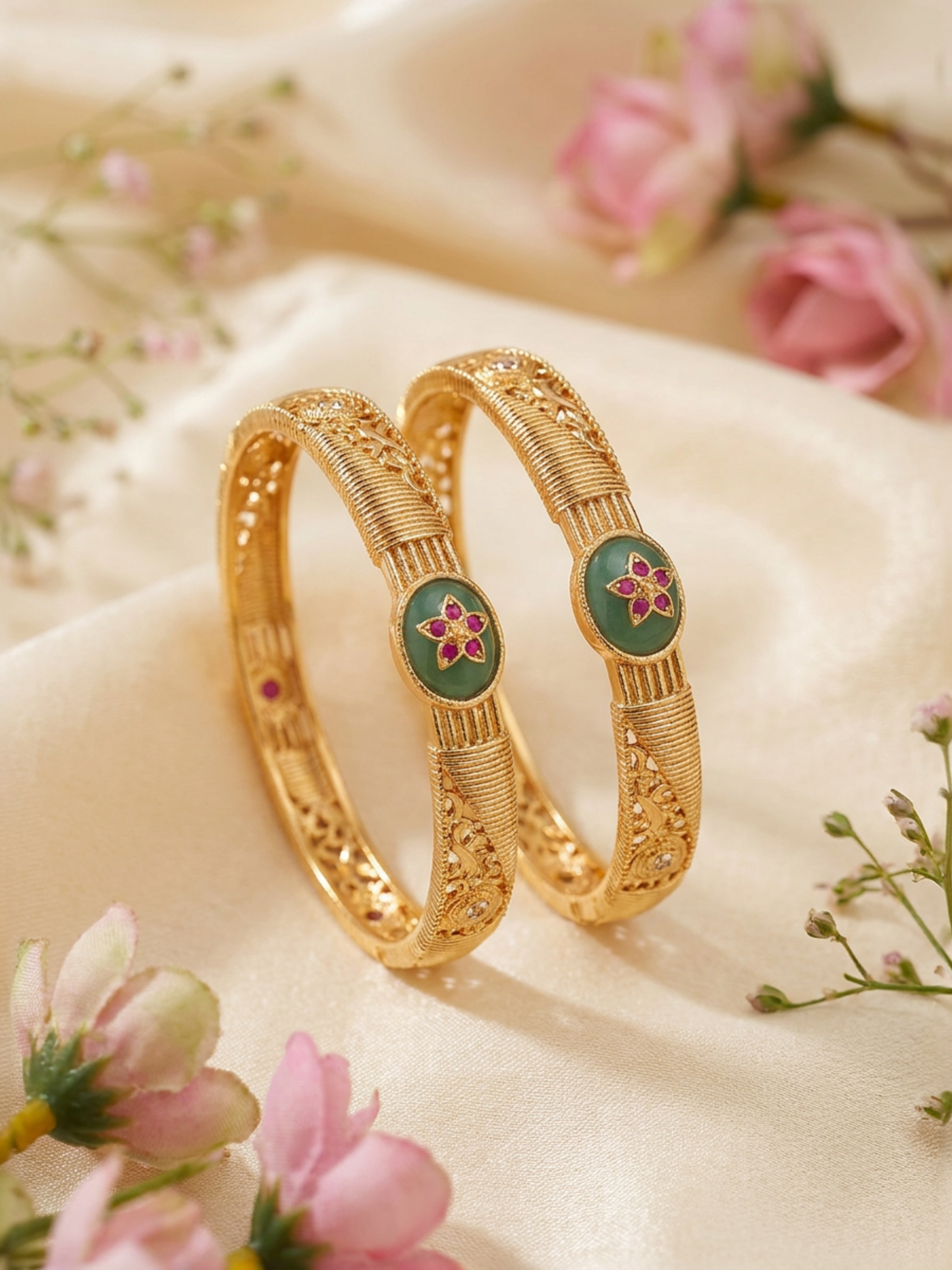 Traditional Antique Gold Floral Stone Bangles for Women & Girls