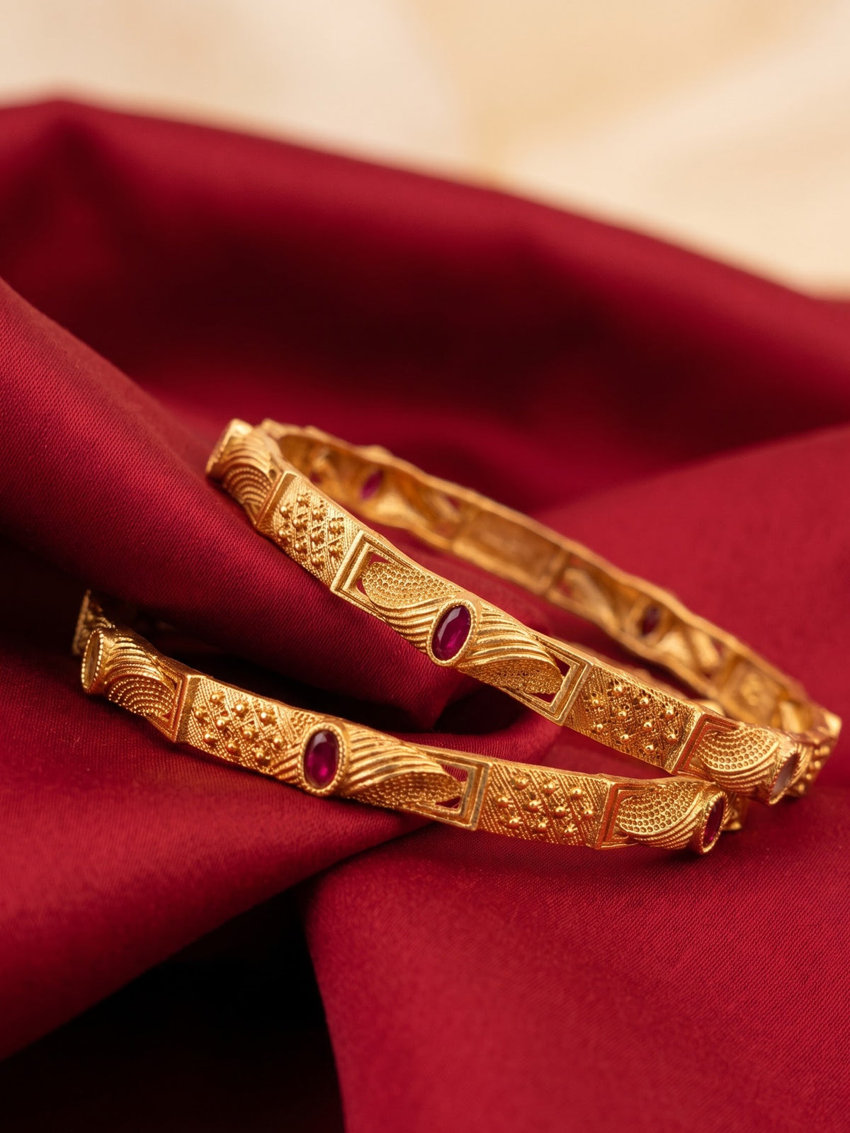 Beautiful Designer Bangles With Ruby Stones Pack Of 2 Pieces ( 1 Pair )