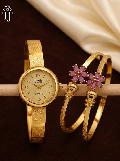 Gold-Tone Pink Floral Bracelet Watch Combo for Women | 1 Pair Bracelet + 1 Watch Set