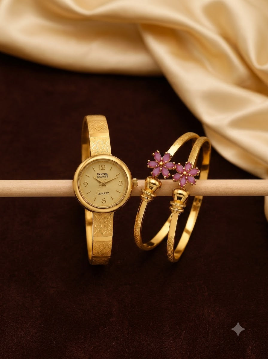 Gold-Tone Pink Floral Bracelet Watch Combo for Women | 1 Pair Bracelet + 1 Watch Set