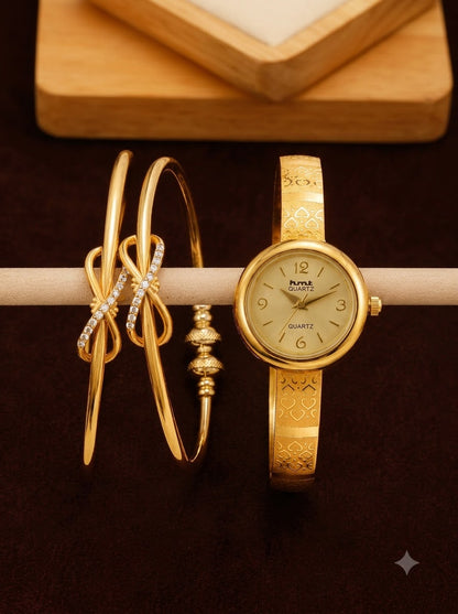 Gold-Tone Infinity Bracelet Watch Combo for Women |  1 Pair Bracelet + 1 Watch Set