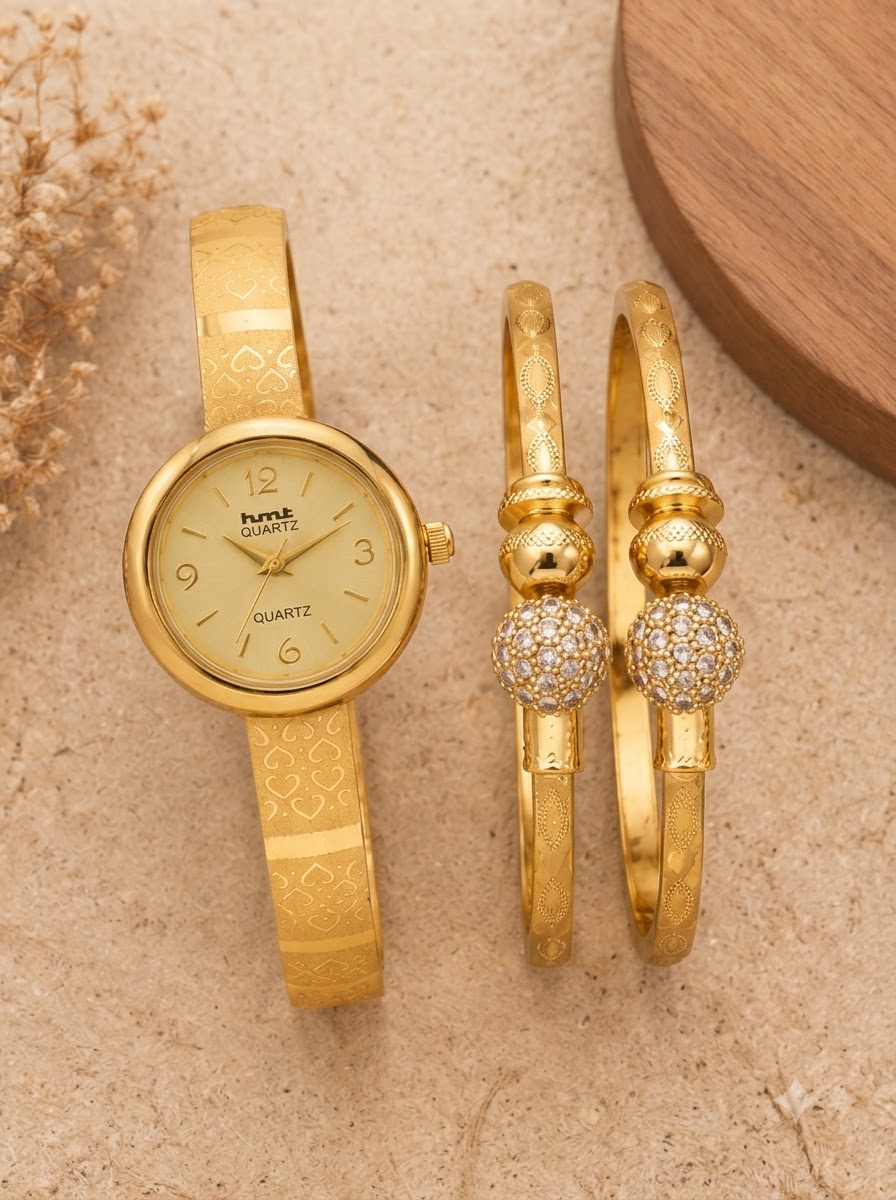 Gold-Tone Crystal Bangle Watch & Bracelet Combo | 1 Pair Bracelet + 1 Watch Set
