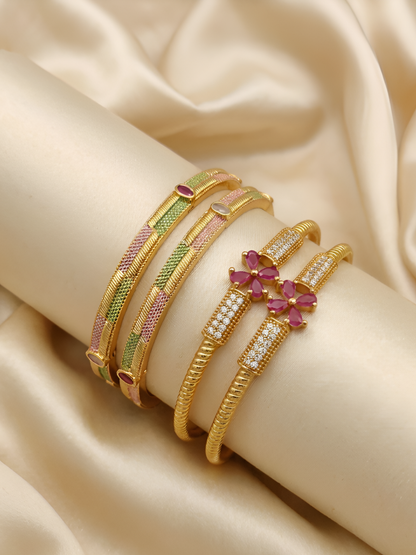 Wedding & Festive Wear Ruby Flower Bangles Set | Designer Gold Plated Kada Combo
